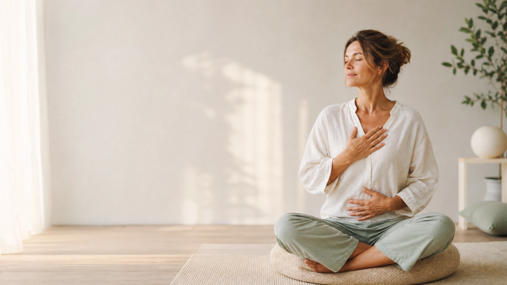 Femme pratiquant la respiration consciente dans un intérieur lumineux et apaisant`.